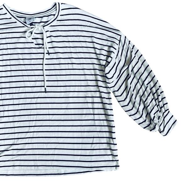 Cabi Women’s Sz M Navy White Stripe Tie Neck Top Knit Stretch Relax Game Day - Picture 5 of 13